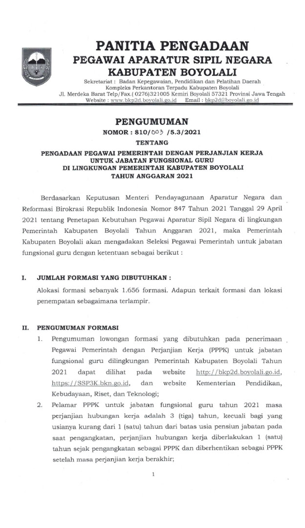 PENGUMUMAN PPPK UNTUK JABATAN FUNGSIONAL GURU KABUPATEN BOYOLALI TAHUN 2021